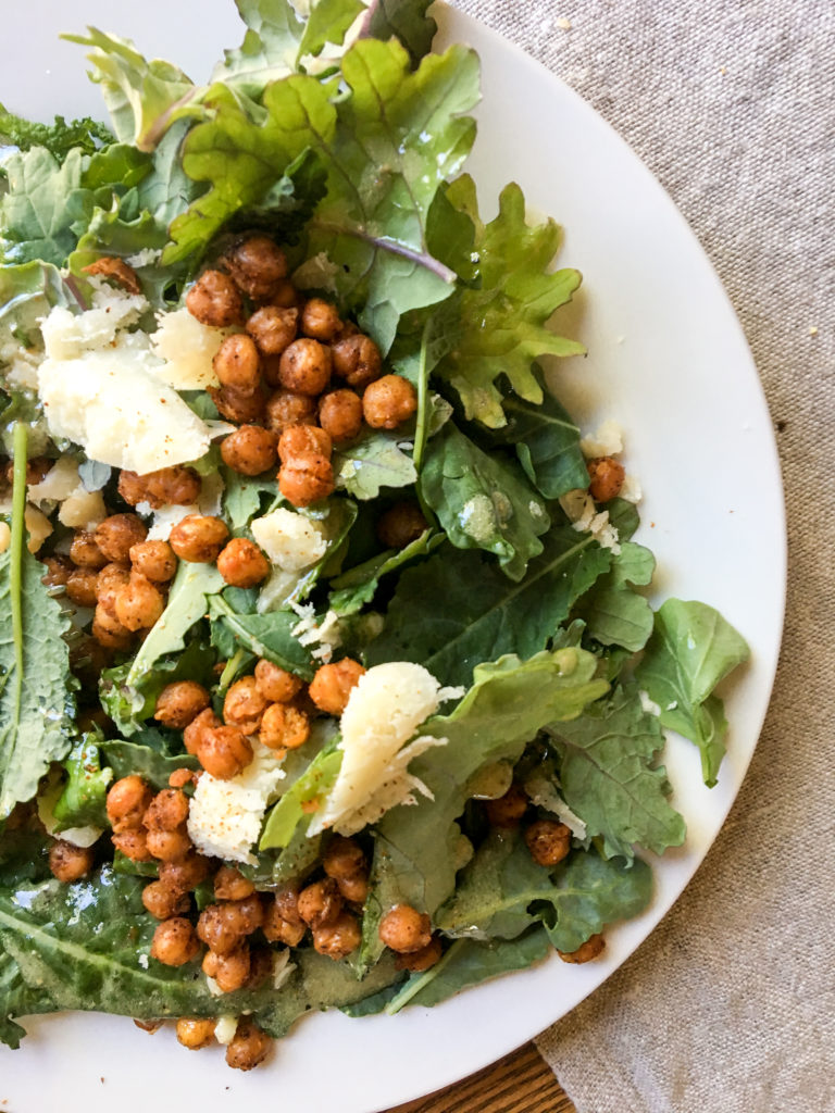 Kale Caesar Salad with Roasted Garbanzo Beans